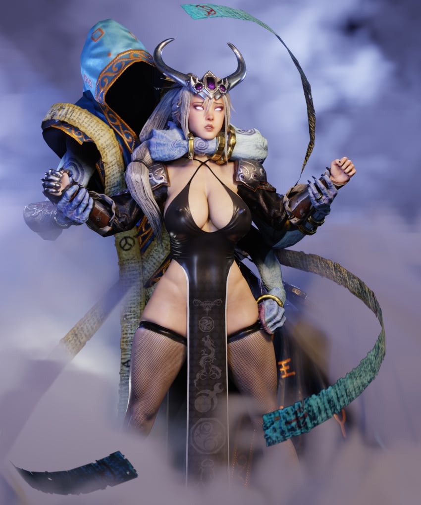 1girls 3d black_stockings busty changeling_(warhammer) chaos_(warhammer) chinese_female choke_hold cleavage dragon_girl fishnet_stockings fishnets glowing_eyes large_breasts miao_ying molestation silver_hair skimpy skimpy_clothes soboro spread_legs standing stockings sweaty sweaty_body thick_thighs warhammer_(franchise) warhammer_fantasy wet_skin