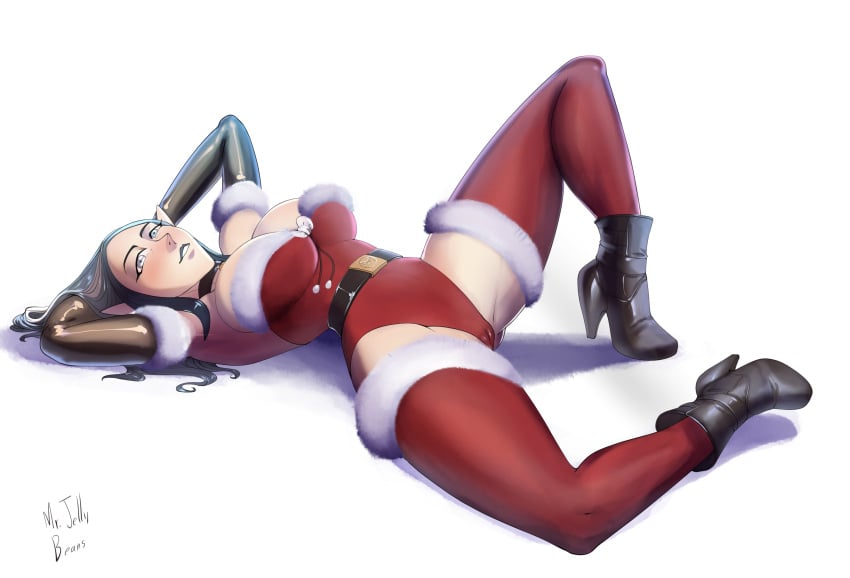 1female 1girl 1girls artist_signature belt belt_buckle big_breasts black_hair blush breasts cameltoe christmas christmas_outfit different_eye_color disney female female_focus female_only fully_clothed heterochromia high_heel_boots high_heels laying_down laying_on_back light-skinned_female light_skin lilith_clawthorne lips lipstick long_hair looking_towards_viewer lying lying_on_back milf mr.jellybeans pale-skinned_female pale_skin revealing_clothes simple_background skimpy_clothes smile smooth_skin solo solo_focus spread_legs the_owl_house thick_thighs thighhighs thighs