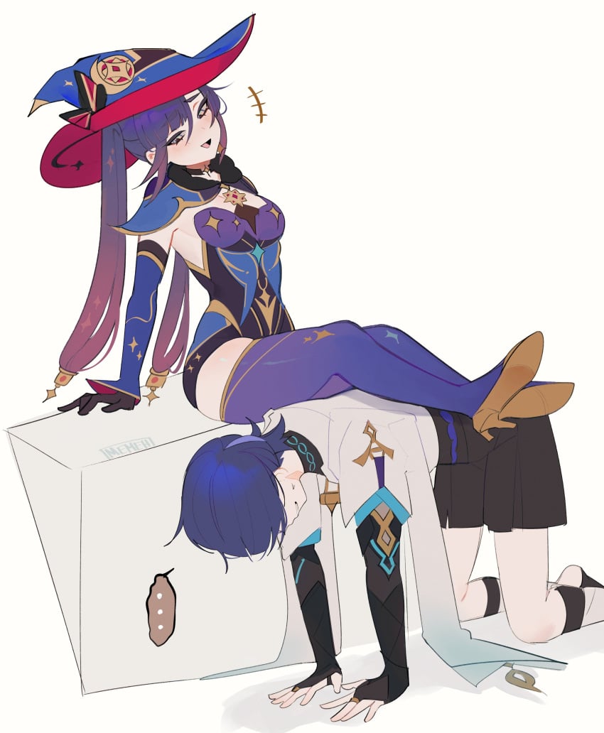 1boy 1girls all_fours bottom femdom footrest genshin_impact highres hoyoverse human_furniture humiliation laugh memeh mona_(genshin_impact) scaramouche_(genshin_impact) smug witch_hat