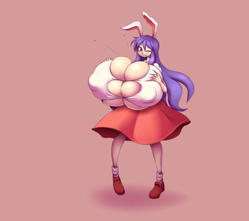 breast_expansion bursting_breasts button_gap button_pop buttons clenched_teeth expansion_sequence gigantic_breasts hands_on_breasts hyper_breasts inconvenient_breasts metachoke nipple_bulge one_eye_closed popping_buttons reisen_udongein_inaba sequence touhou