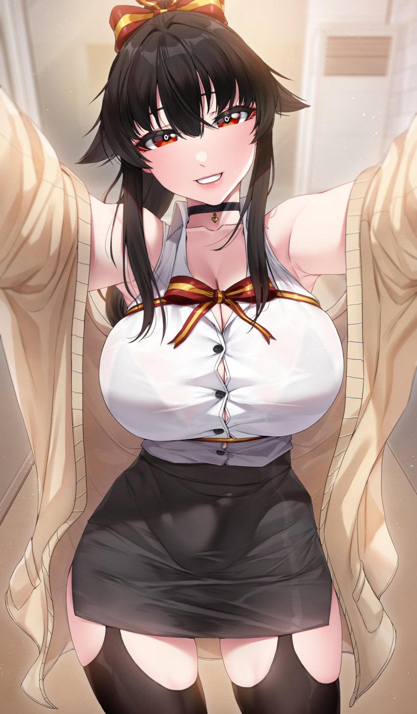 1girls akchu breasts brown_hair chobi_(akchu) female hi_res hips huge_breasts light-skinned_female light_skin long_hair naughty_face office_lady original original_character red_eyes smile thick_thighs thighs wide_hips