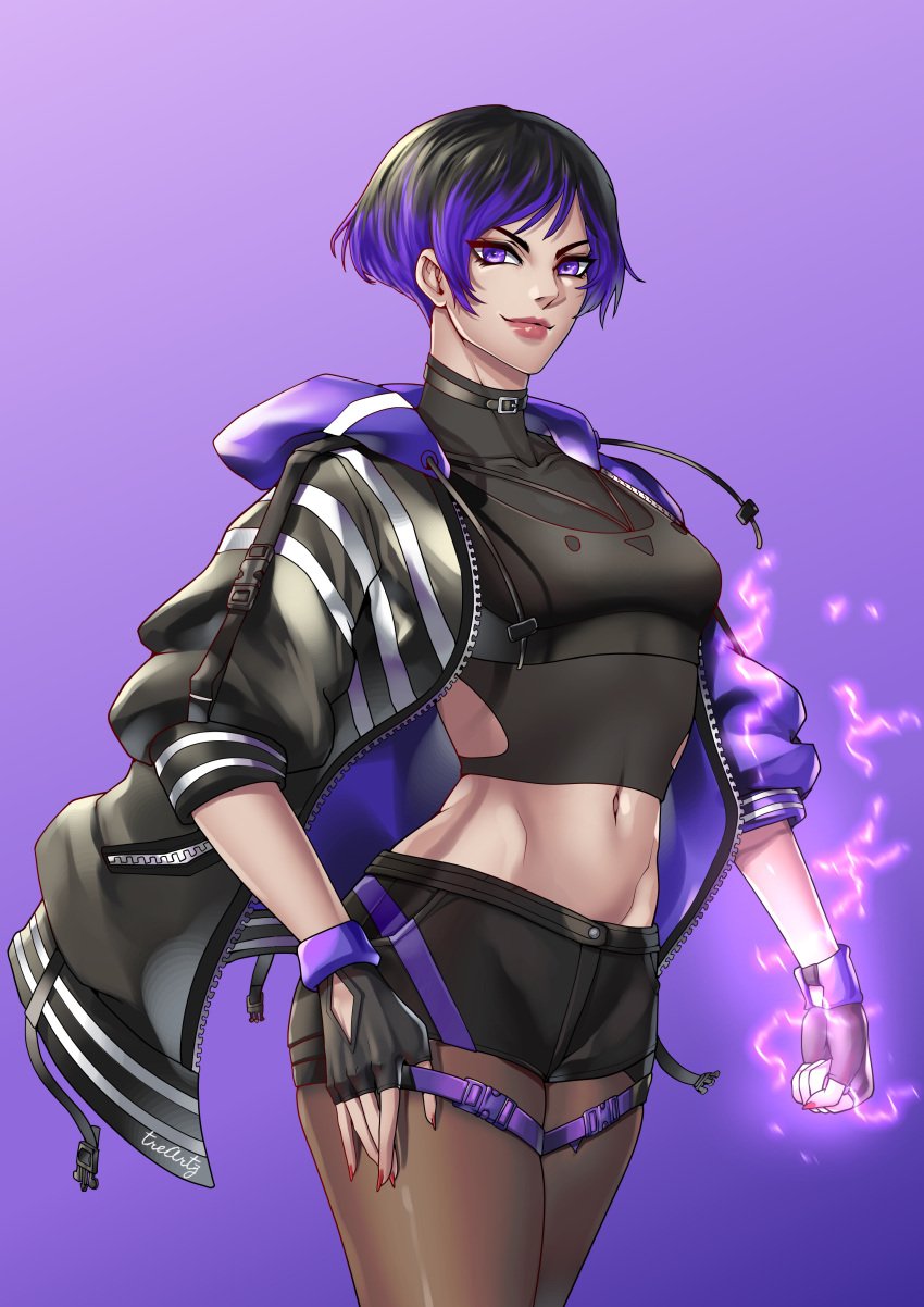 black_clothing black_hair choker electricity female fingerless_gloves gloves gradient_hair jacket leggings midriff namco purple_clothing purple_eyes purple_hair reina_mishima short_hair shorts smile smiling solo solo_female tekken tekken_8 thotlerrr treartz unzipped_jacket