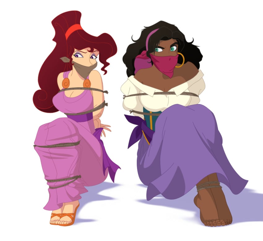 bondage brunette_hair cleave_gag dark-skinned_female dark_hair disney esmeralda gag gagged hercules_(disney) ktu-lu long_hair megara over_the_mouth_gag rope_bondage the_hunchback_of_notre_dame