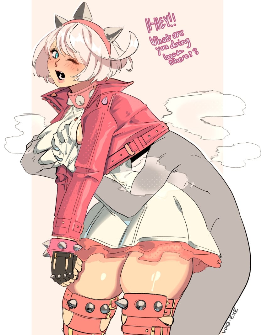 1boy 1girls ambiguous_penetration backshots big_ass big_breasts big_butt blue_eyes blush blush_lines breast_grab breast_squeeze breasts chocker dress elphelt_valentine grey_skin guilty_gear headband leather_jacket musk musk_clouds pale_skin pink_clothing skirt smell sweating thick_thighs thigh_squish thighhighs under_clothes void_dot_exe white_background white_dress white_girl white_hair