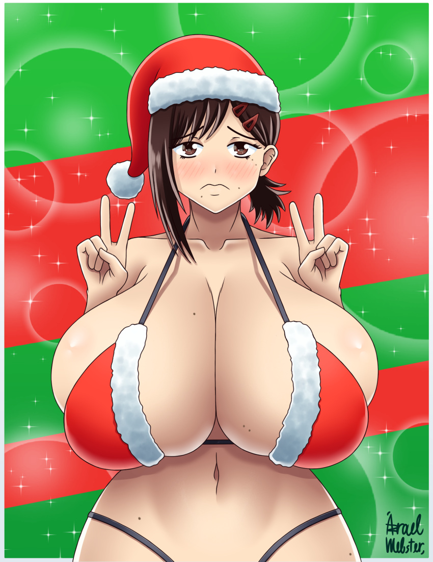 1girls 2023 alternate_breast_size azraelwebster bikini blush breasts brown_hair chainsaw_man christmas christmas_outfit cleavage embarrassed female gigantic_breasts hat hi_res higashiyama_kobeni huge_breasts looking_at_viewer massive_breasts peace_sign santa_hat