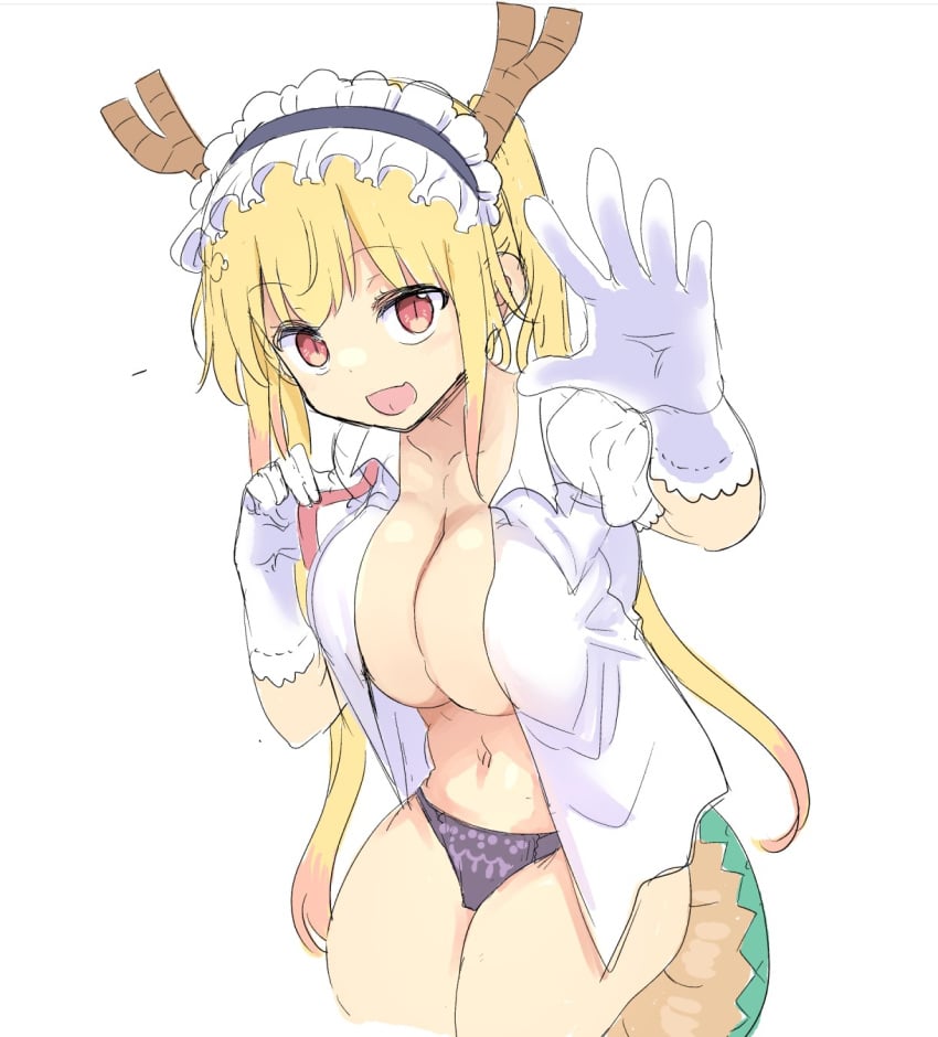 1girls big_breasts blonde_hair cool-kyou_shinja dragon_girl dragon_horns dragon_tail female gloves horns large_breasts light-skinned_female long_hair maid_headdress miss_kobayashi's_dragon_maid monster_girl open_clothes panties solo tohru_(dragon_maid) twintails white_background