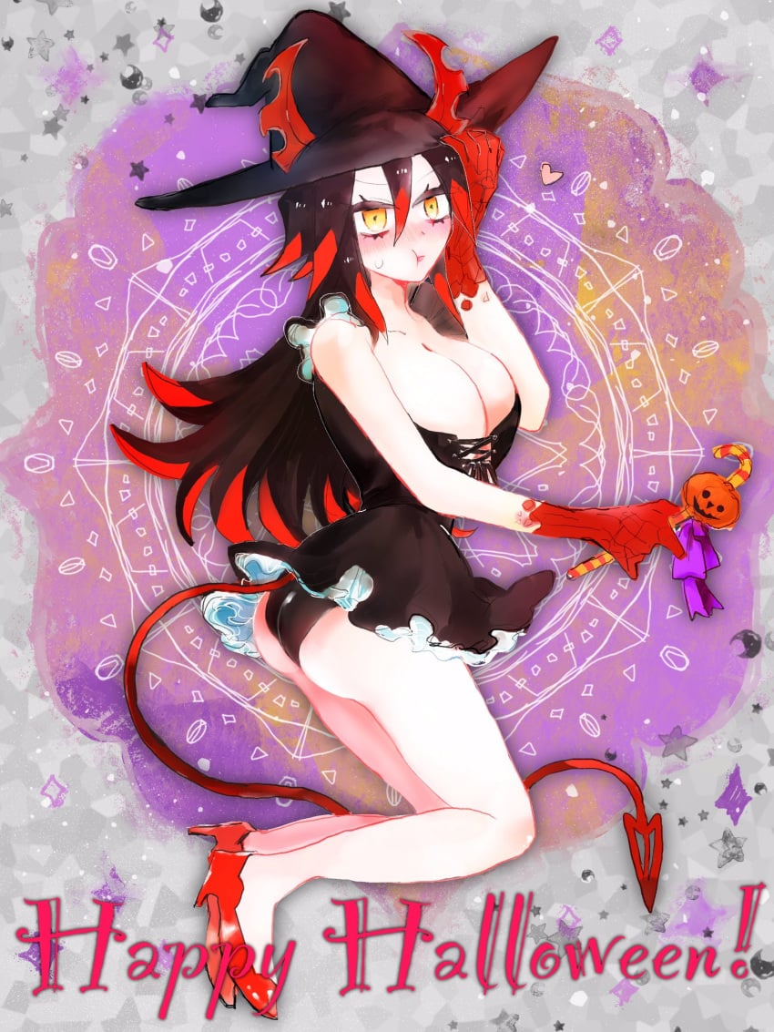 1girls ass ass black_hair blush breasts candy_cane cleavage clothed colored_skin demon_girl demon_horns demon_tail female female_only funamusea halloween halloween_2023 hat high_heels horns huge_breasts ivlin ivlis jack-o'-lantern large_ass large_butt multicolored_hair ozukin panties pout pouting pumpkin red_hair rule_63 solo solo_female tail the_gray_garden two_tone_hair white_skin witch_hat yellow_eyes