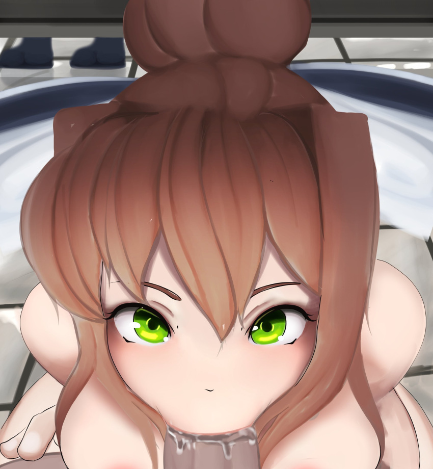 1girls 2boys artemitzuki_(artist) blowjob doki_doki_literature_club fellatio female green_eyes hidden_sex looking_at_viewer male monika_(doki_doki_literature_club) naked naked_female nude nude_female oral oral_sex penis pov