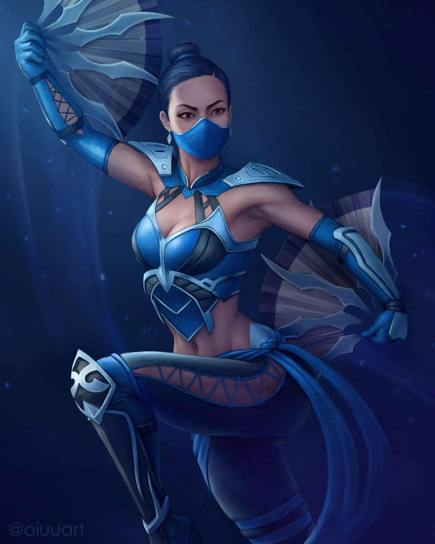 1girls alternate_version_available black_hair blue_clothing breasts edenian fan female female_only fully_clothed heroharborx kitana kitana_(mk11) mask masked masked_female midriff mortal_kombat mortal_kombat_11 oiuuart short_hair solo solo_female toned toned_female toned_stomach weapon