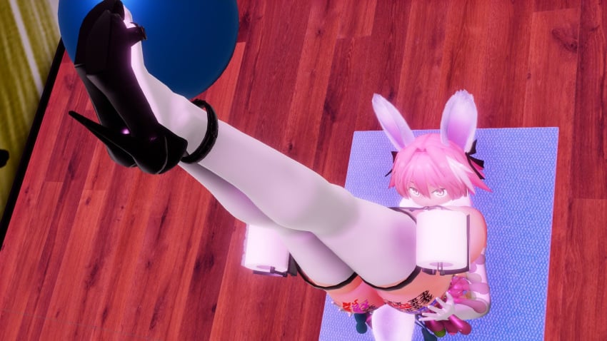 1boy 3d armwear astolfo_(fate) big_breasts breasts condom_belt fate/grand_order fate_(series) feminization genderswap_(mtf) hair_ornament high_heels kneehighs leg_band legs_up long_braid male male_only micro_bikini mmd pink_eyes pink_hair rule_63 short_hair solo standing_split thighhighs trolltengu yaoi