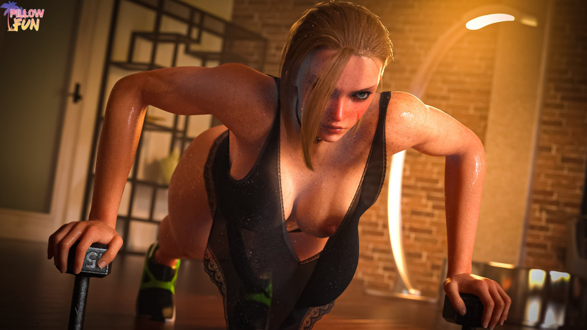 1girls 3d ass big_ass big_breasts blonde_hair blue_eyes breasts cammy_white capcom dat_ass dumbbell exercise female female_focus female_only gym light-skinned_female nude nude_female pawg pillowfun short_hair solo solo_female street_fighter street_fighter_6 voluptuous weights workout