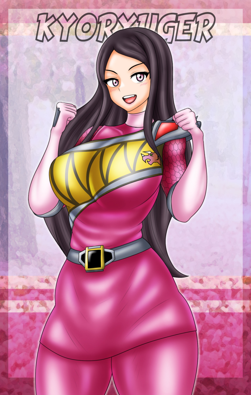 1girls amy_yuzuki big_breasts bodysuit brown_hair clothed no_helmet pin_up super_sentai treezero zyuden_sentai_kyoryuger