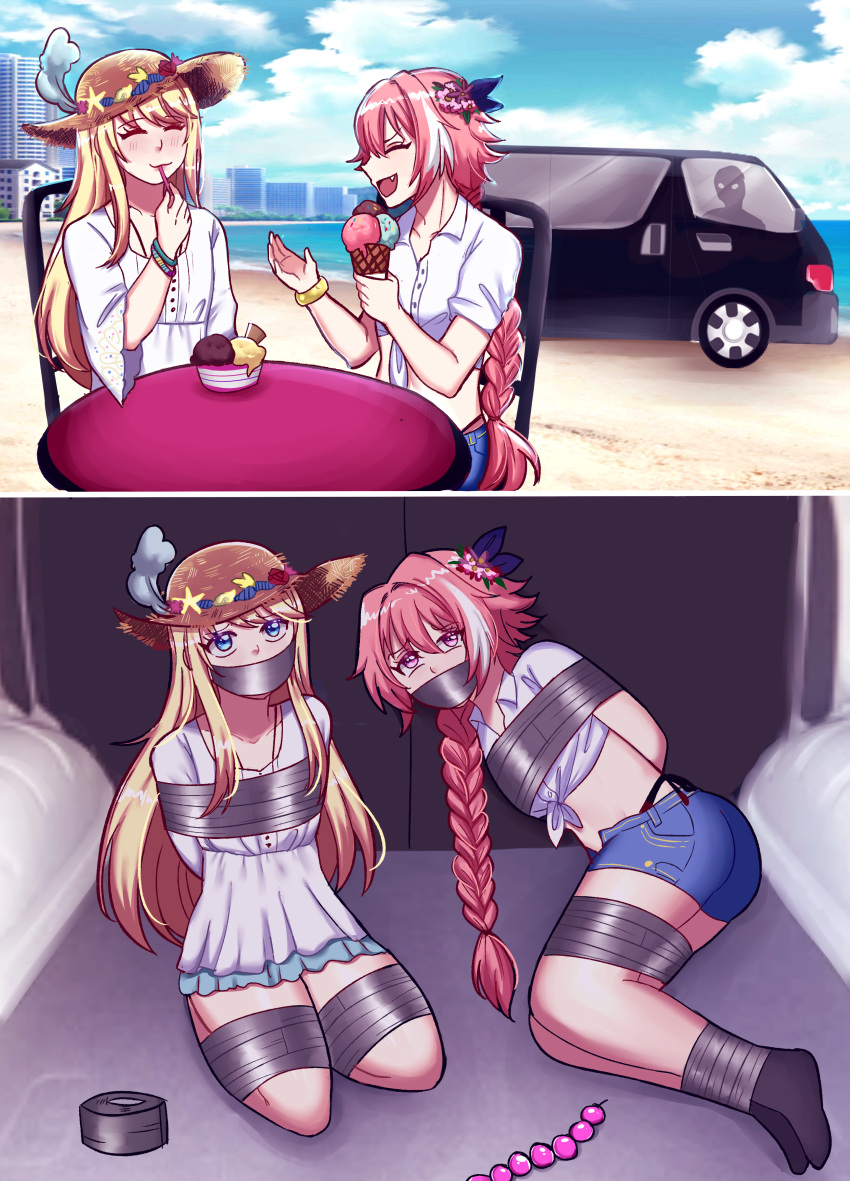 2femboys 2koma anal_beads anonymous_character arms_tied arms_tied_behind_back astolfo_(fate) beach blonde_hair bracelet braid braided_hair car chevalier_d'eon_(fate) commission commission_art commissioner_upload eating fate/grand_order fate_(series) hair_ribbon hat hotpants ice_cream inside_car kidnapping long_hair pink_eyes pink_hair roll_of_tape socks straw_hat summer_dress tagaen810 tagme tape tape_bondage tape_gag taped_mouth van