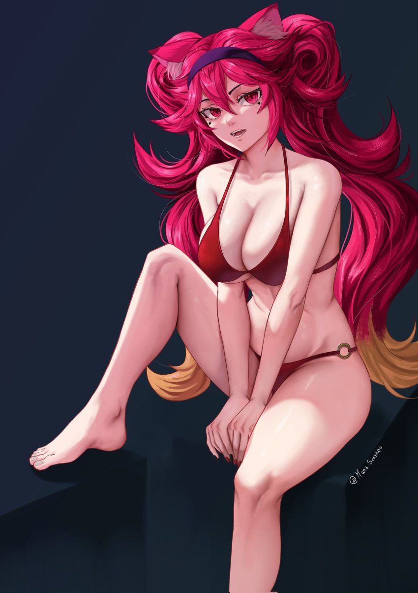 animal_ears athletic_female big_breasts bikini cleavage curvy feet female_only hairband heart_shape hot_pink_hair latam_virtual_youtuber legs light-skinned_female light_skin lunaria_ayaren manasenshou one_knee_up open_mouth painted_nails pink_eyes red_bikini shoulders simple_background sitting slim_waist solo_female stomach strip_game thin_waist twintails virtual_youtuber vtuber vtuberfanart waist youtube_hispanic youtuber_girl