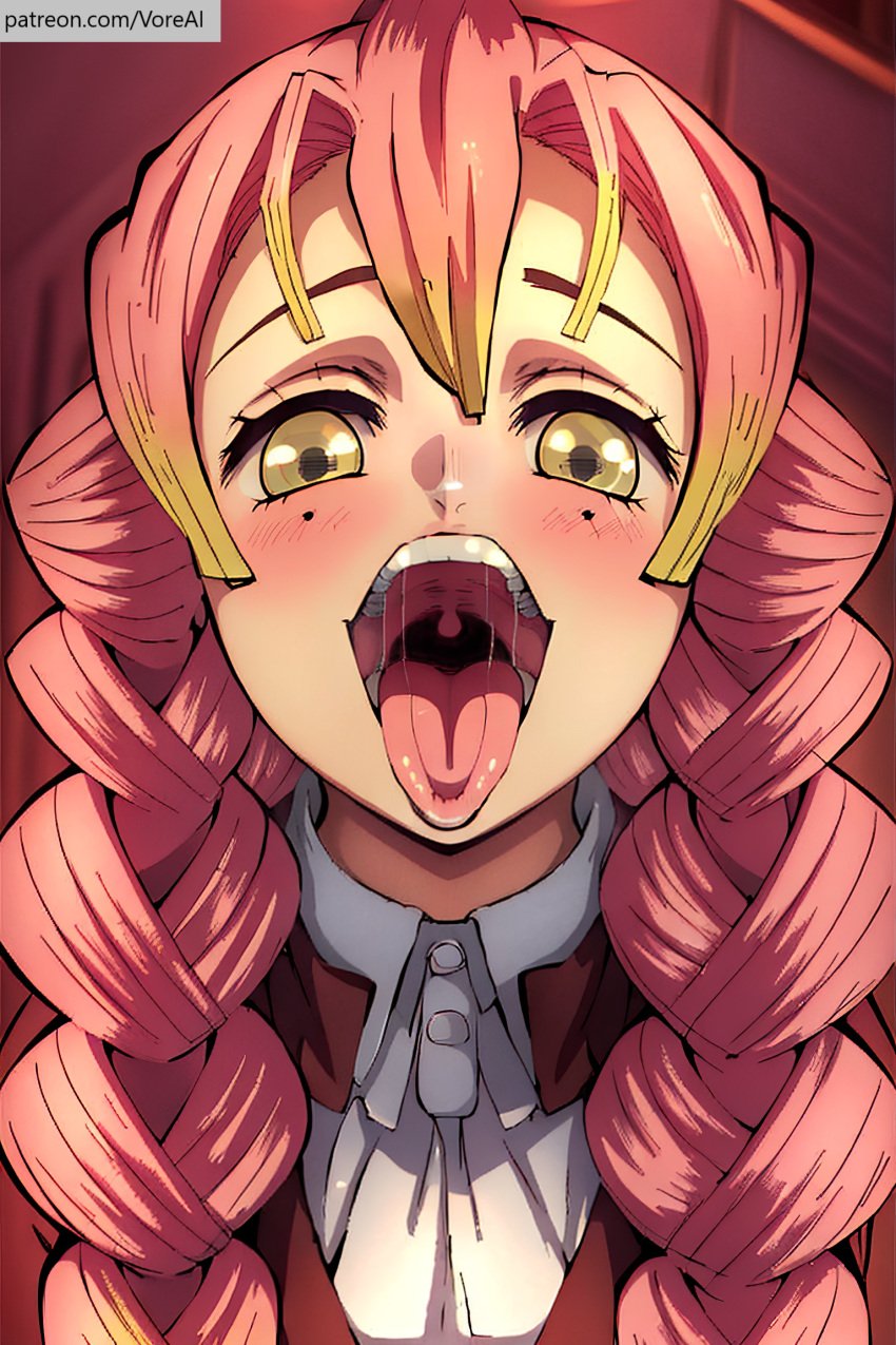 1girls ai_generated artist_request blush braid demon_slayer drooling female female_focus female_only female_pred green_eyes green_hair kanroji_mitsuri kimetsu_no_yaiba macro macrophilia mawshot mole_under_eye mouth multicolored_hair open_mouth pink_hair saliva solo solo_female teeth throat tongue tongue_out two_tone_hair uvula vore voreai