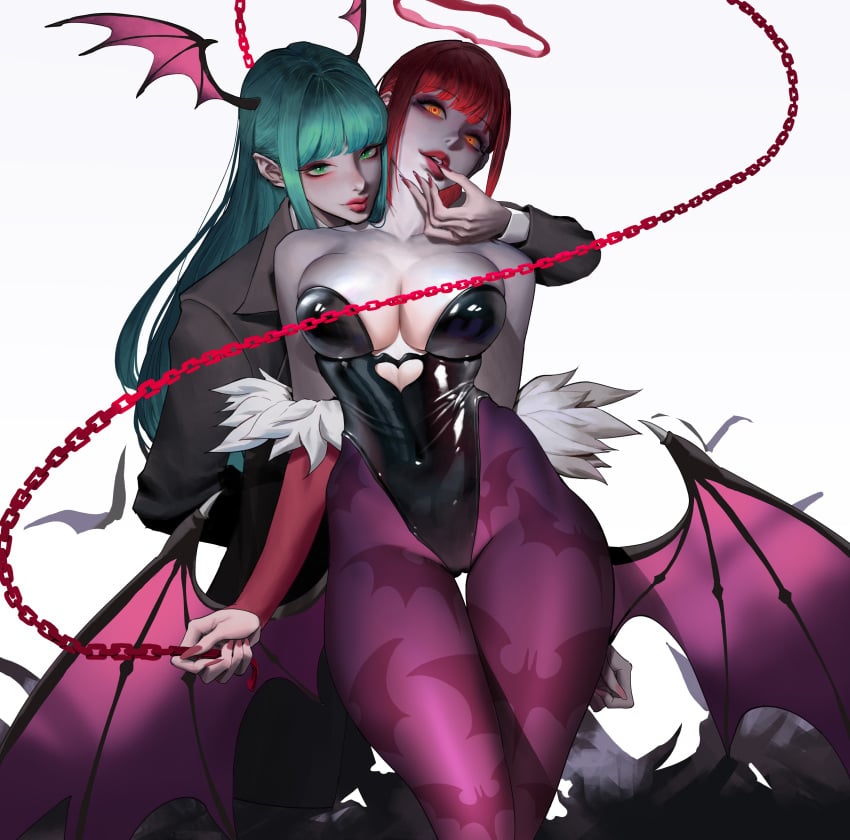 2girls absurd_res bat_print big_breasts breasts capcom chain_leash chains chainsaw_man clothing clothing_swap cosplay costume_switch crossover darkstalkers female female_only green_eyes green_hair head_wings heart_cutout hi_res highres huge_breasts large_breasts leash leotard long_hair looking_at_viewer makima_(chainsaw_man) makima_(chainsaw_man)_(cosplay) morrigan_aensland morrigan_aensland_(cosplay) multiple_girls orange_eyes outfit_swap pantyhose pink_lips pink_pantyhose red_hair red_lipstick succubus succubus_wings thigh_gap white_background wings wonbin_lee