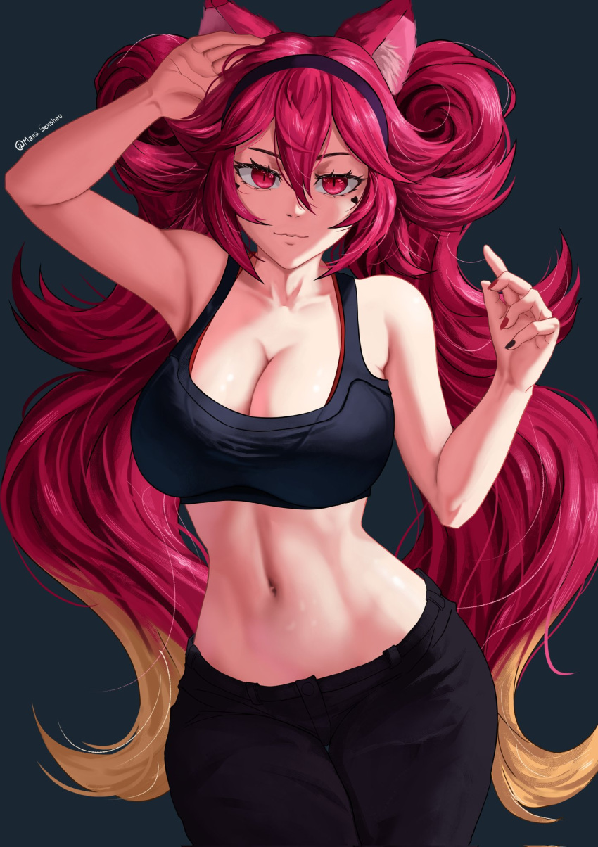 animal_ears armpits athletic_female big_breasts breasts cleavage curvy headband heart_shape hot_pink_hair hourglass_figure jeans latam_virtual_youtuber light-skinned_female light_skin lunaria_ayaren manasenshou navel painted_nails pink_eyes shoulders simple_background slim_waist solo_female stomach strip_game tank_top thin_waist twintails virtual_youtuber vtuber vtuberfanart waist youtube_hispanic youtuber_girl