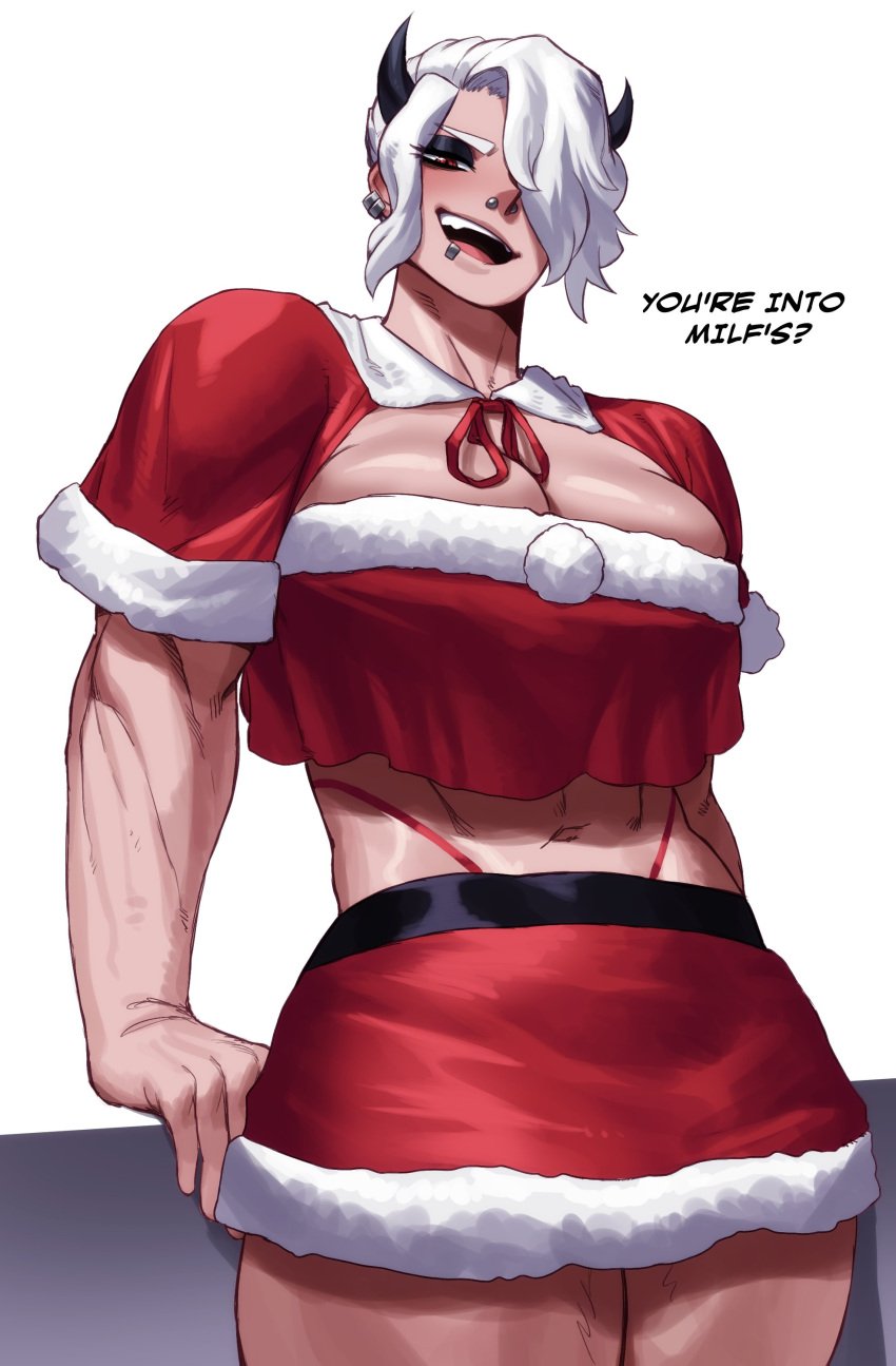 1girls big_breasts christmas ear_piercing helltaker holidays horns larger_female lip_piercing looking_at_viewer muscular muscular_female muscular_thighs naughty_face nose_piercing piercing shirt solo solo_female solo_focus sotcho tagme thighs white_hair wide_hips zdrada_(helltaker)