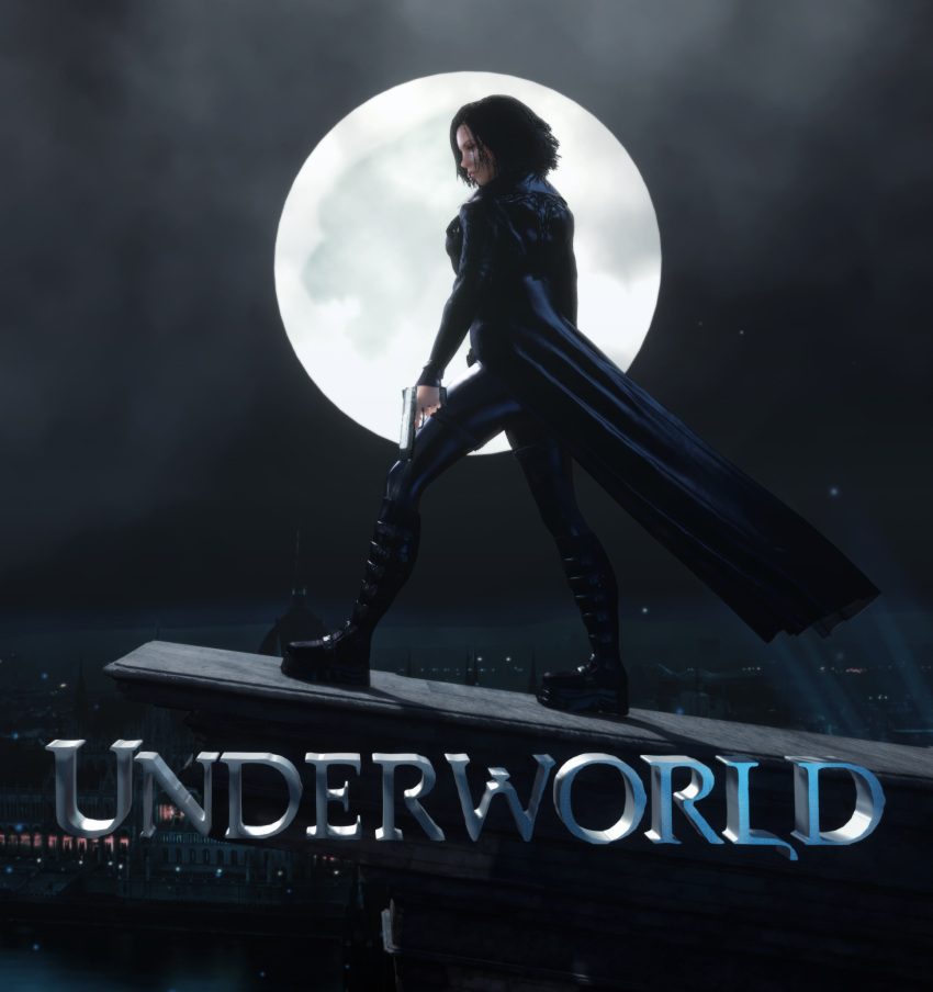 1girls 3d 3d_(artwork) black_bodysuit bodysuit boots city city_background cityscape clothed clothed_female female female_only female_solo fully_clothed gun holding_gun holding_object holding_weapon jacket kate_beckinsale legs looking_down night night_sky pistol selene_(underworld) skin_tight solo solo_female thighs underworld vaako vampire vampire_girl weapon