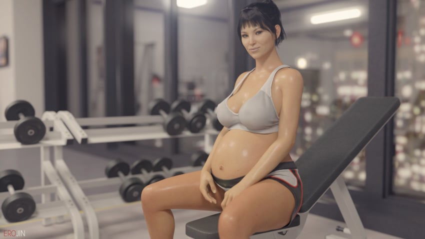 1girls 3d asian asian_female belly big_belly big_breasts black_hair breasts erojin female frost_(rainbow_six) gym pregnant rainbow_six rainbow_six_siege solo sports_bra