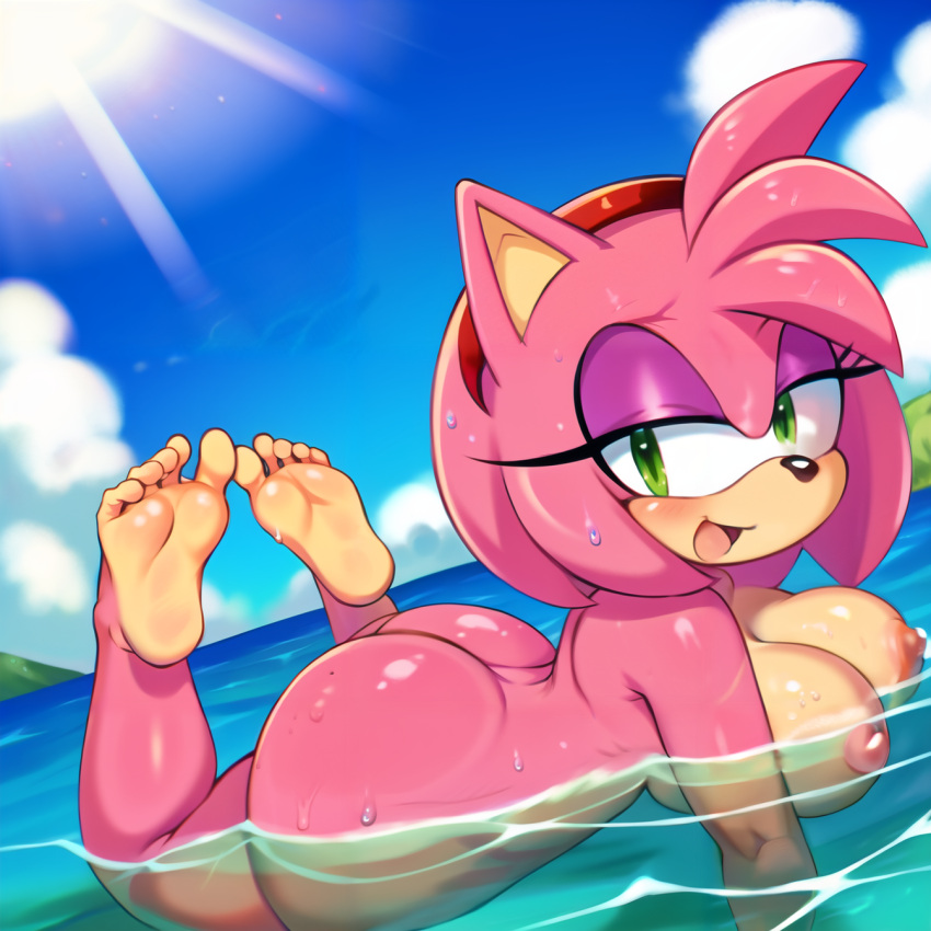 ai_generated amy_rose anthro big_ass big_breasts big_nipples eyeshadow feet_up green_eyes hedgehog large_breasts lighter_soles looking_at_viewer pink_body pink_hair purple_eyeshadow seductive_look smile smiling_at_viewer sonic_(series) sonic_the_hedgehog_(series) swimming two_tone_body virtuai water wet