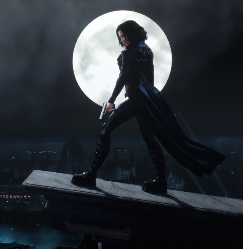 1girls 3d 3d_(artwork) black_bodysuit bodysuit boots city city_background cityscape clothed clothed_female female female_only female_solo fully_clothed gun holding_gun holding_object holding_weapon jacket kate_beckinsale legs looking_down night night_sky pistol selene_(underworld) skin_tight solo solo_female thighs underworld vaako vampire vampire_girl weapon