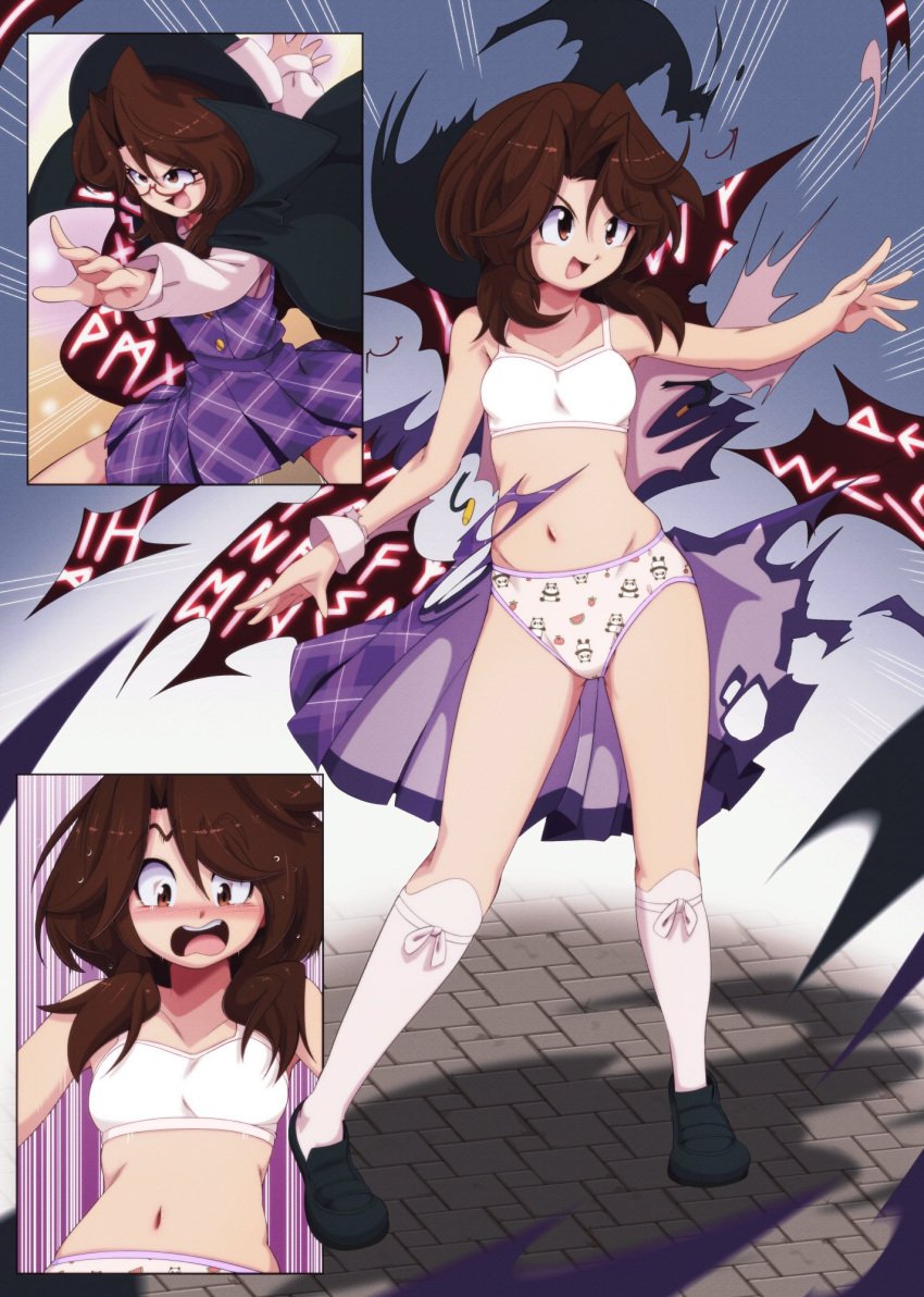 blush brown_eyes brown_hair childish_panties comic embarrassed euf euf-dreamer exploding_clothes glasses humiliation panties print_panties purple_clothing silent_comic stripped sumireko_usami torn_clothes touhou training_bra underwear underwear_only urban_legend_in_limbo wardrobe_malfunction