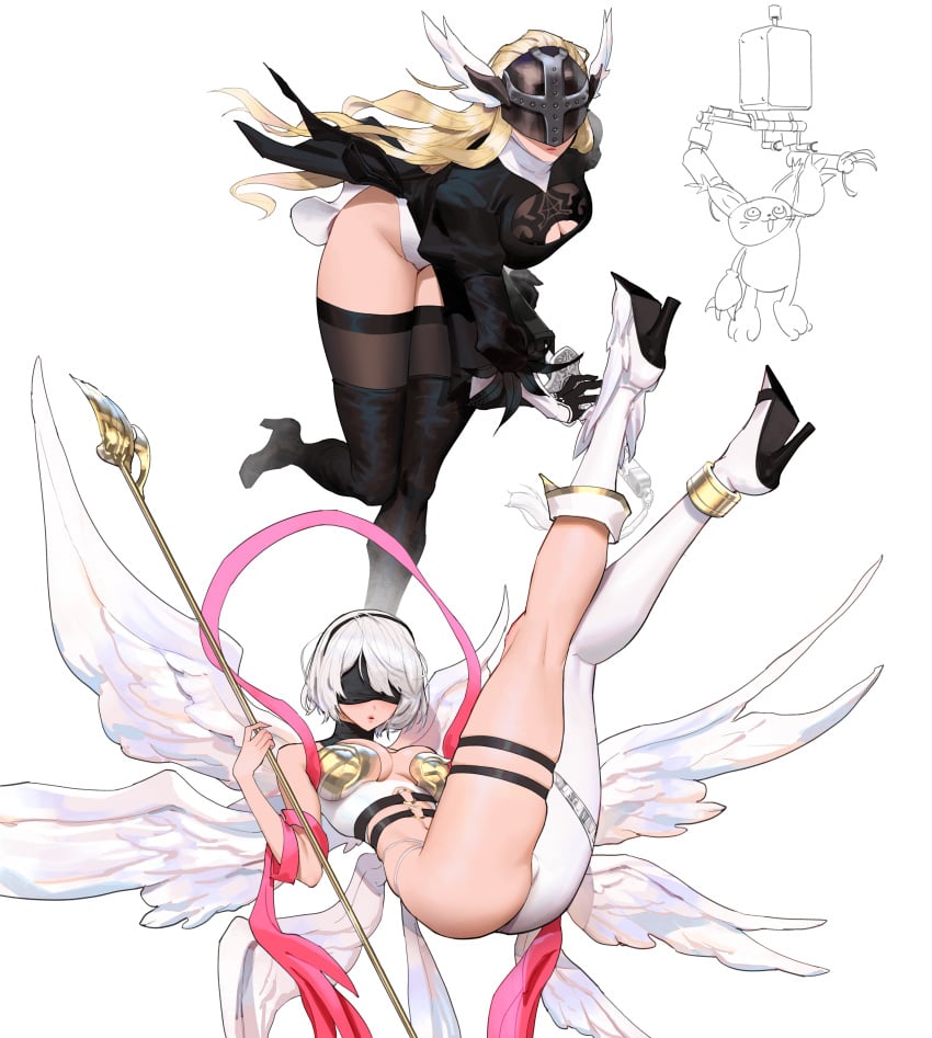 2girls absurd_res angel_wings angewomon angewomon_(cosplay) blindfold blonde_hair clothing_swap cosplay costume_switch crossover crossover_cosplay digimon digimon_(cosplay) digimon_(species) female female_only heel_boots helmet high_heel_boots long_hair nier:_automata stockings white_background white_hair wings wonbin_lee yorha_2b yorha_2b_(cosplay)