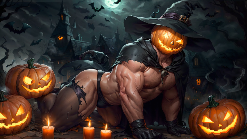 1boy 2023 ai_generated bara bara_tits barazoku bulge gay halloween holidays jack-o'-lantern jack_o'_lantern looking_at_viewer male male_focus male_nipples male_only manly muscular_male nipples pumpkin pumpkin_head pumpkin_head_(character) solo solo_male underwear yaoi