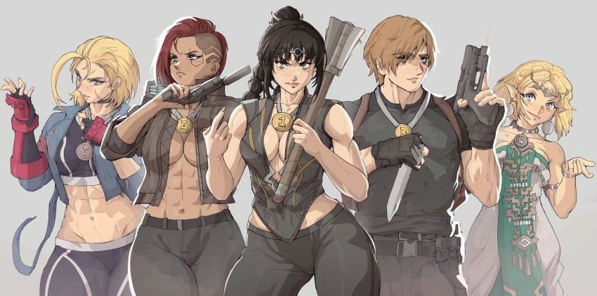 1boy 4girls abs athletic athletic_female baldur's_gate baldur's_gate_3 big_breasts blonde_hair cammy_white cd_projekt_red cleavage crossover cyberpunk_2077 dungeons_and_dragons eastern_and_western_character female female_focus forgotten_realms gun guns leon_scott_kennedy light-skinned_female light-skinned_male muscular muscular_female nintendo princess_zelda resident_evil resident_evil_4 resident_evil_4_remake shadowheart street_fighter street_fighter_6 tears_of_the_kingdom the_game_awards the_legend_of_zelda v_(cyberpunk_2077) valerie_(cyberpunk_2077) yoracrab zelda_(tears_of_the_kingdom)