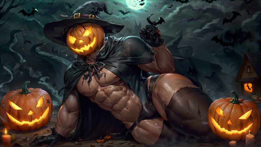 1boy 2023 ai_generated bara bara_tits barazoku bulge gay halloween holidays jack-o'-lantern jack_o'_lantern looking_at_viewer male male_focus male_nipples male_only manly muscular_male nipples pumpkin pumpkin_head pumpkin_head_(character) solo solo_male underwear yaoi