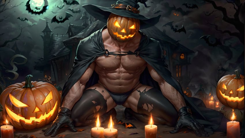 1boy 2023 ai_generated bara bara_tits barazoku bulge gay halloween holidays jack-o'-lantern jack_o'_lantern looking_at_viewer male male_focus male_nipples male_only manly muscular_male nipples pumpkin pumpkin_head pumpkin_head_(character) solo solo_male underwear yaoi