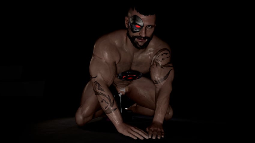 1boy australian brown_eyes brown_hair cum_dripping_out_of_pussy cum_in_pussy cuntboy cybernetic_eye intersex kano_(mortal_kombat) kneeling looking_at_viewer looking_at_you male mortal_kombat mortal_kombat_11 muscular muscular_cuntboy netherrealm_studios on_all_fours pussy pussy_juice pussy_juice_drip whitelemon