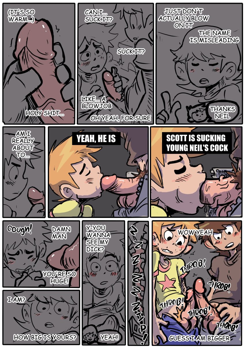 2boys big_penis blowjob blowjob_face bulge cock_worship comic comic_page erection fellatio gay male male_only neil_nordegraf penis scott_pilgrim scott_w_pilgrim size_comparison tagme tez_(artist) yaoi