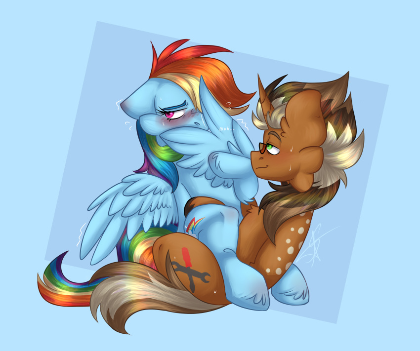 ambiguous_penetration bodily_fluids equid equine fan_character female female_on_top feral friendship_is_magic hasbro hi_res horn horse looking_away macchiato_(231er34) male male/female mammal my_little_pony on_top pegasus penetration pony rainbow_dash_(mlp) severe_acrophobia sex shaded shy simple_background sweat unicorn wings