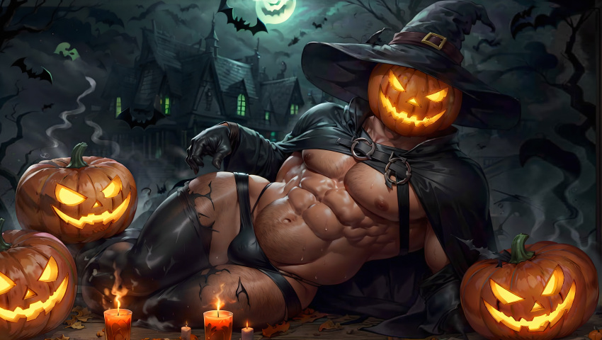 1boy 2023 ai_generated bara bara_tits barazoku bulge gay halloween holidays jack-o'-lantern jack_o'_lantern looking_at_viewer male male_focus male_nipples male_only manly muscular_male nipples pumpkin pumpkin_head pumpkin_head_(character) solo solo_male underwear yaoi