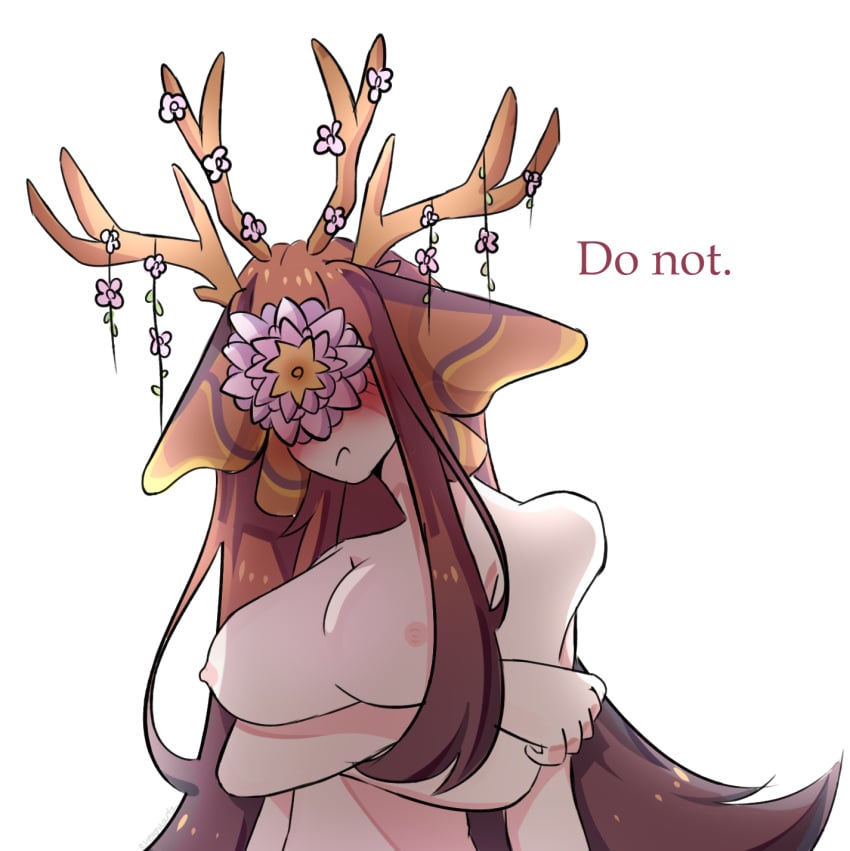 1girls 4_arms antlers big_breasts breasts calamity_mod dialogue embarrassed embarrassed_nude_female everquartz female first_porn_of_character flowers holding_up_breasts light-skinned_female light_skin long_hair multi_arm multi_limb naked nameless_deity nude standing terraria text white_background wrath_of_the_gods