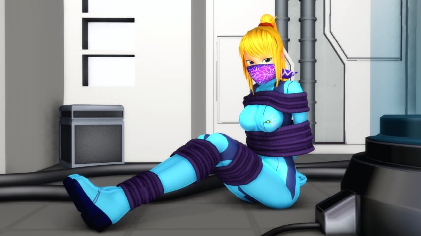 blonde_hair bondage bound_and_gagged cloth_gag gag gagged medium_breasts metroid over_the_nose_gag samus_aran y0z0ra