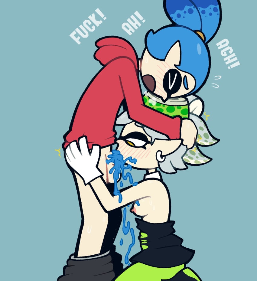 1boy 1girls areolae blowjob blue_cum blue_hair blush breasts cum cum_drip cum_in_mouth fellatio female grey_hair heavy_blush holding_head inkling inkling_boy inkling_cum john_(splatoon) kneeling krusha64612042 male marie_(splatoon) nipples oral pants_down pleasure_face side_view simple_background small_breasts splatoon tblb203