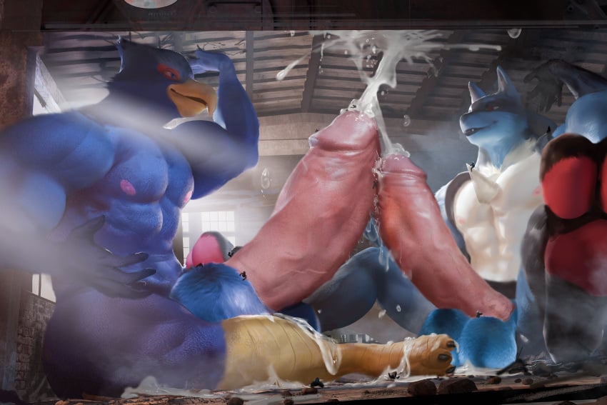 absurd_res anthro avian balls big_penis bird blue_body blue_fur bodily_fluids canid canine cum cum_on_ceiling cum_on_feet cum_on_ground duo erection falco_lombardi feet foot_on_balls frottage fur gay generation_4_pokemon genital_fluids genitals growth hi_res inside lucario macro male male/male mammal nintendo penis pokemon pokemon_(species) sex spectrumshift spikes spikes_(anatomy) star_fox worship