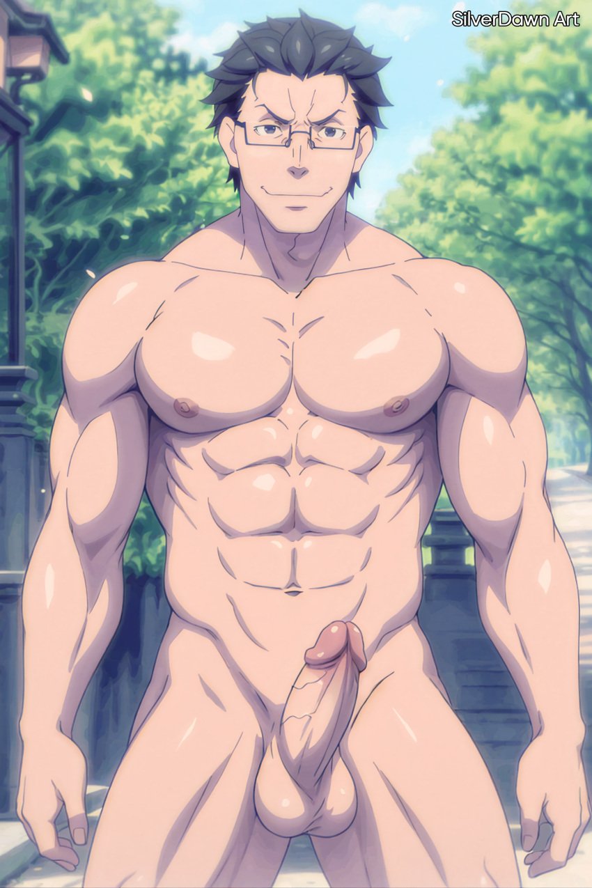 1boy 2023 ai_generated balls bara bara_tits barazoku big_balls big_penis completely_nude completely_nude_male daddy dilf erection gay glasses hard_on looking_at_viewer male male_focus male_nipples male_only manly mature_male muscular_male natsuki_kenichi nipples nude penis re:zero_kara_hajimeru_isekai_seikatsu solo solo_male yaoi