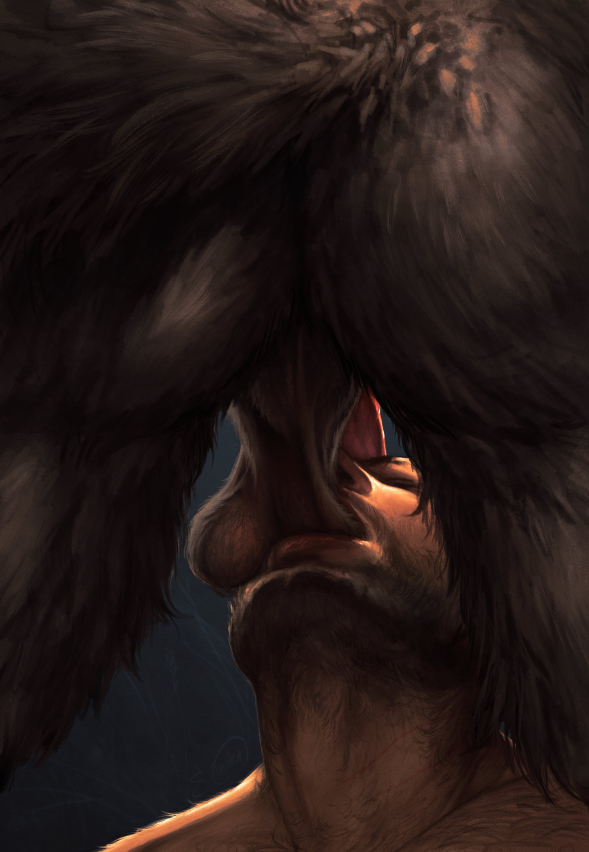 absurd_res animal_genitalia animal_penis anthro ass ball_suck balls beard black_body black_fur black_hair body_hair canid canine canine_genitalia canine_penis canis chest_hair dominant dominant_anthro dominant_male duo erection facial_hair fur genitals hair hairy hi_res human human_on_anthro interspecies male male/male mammal muscular muscular_anthro muscular_human muscular_male nude oral penis s_anima sex submissive submissive_human submissive_male sucking were werecanid werecanine werewolf wolf