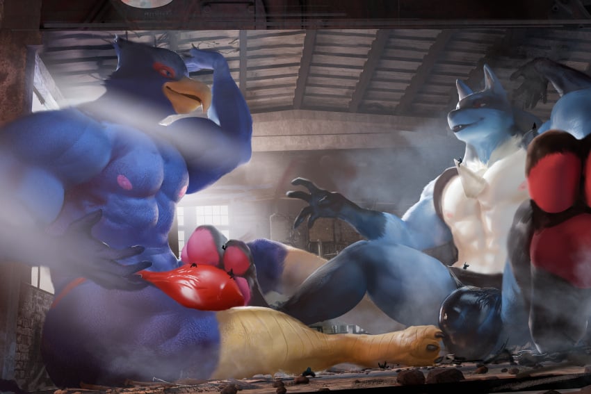 absurd_res anthro avian bird blue_body blue_fur bulge canid canine clothing duo falco_lombardi foot_on_bulge fur gay generation_4_pokemon growth hi_res inside lucario macro male male/male mammal nintendo pokemon pokemon_(species) spectrumshift speedo spikes spikes_(anatomy) star_fox swimwear underwear worship