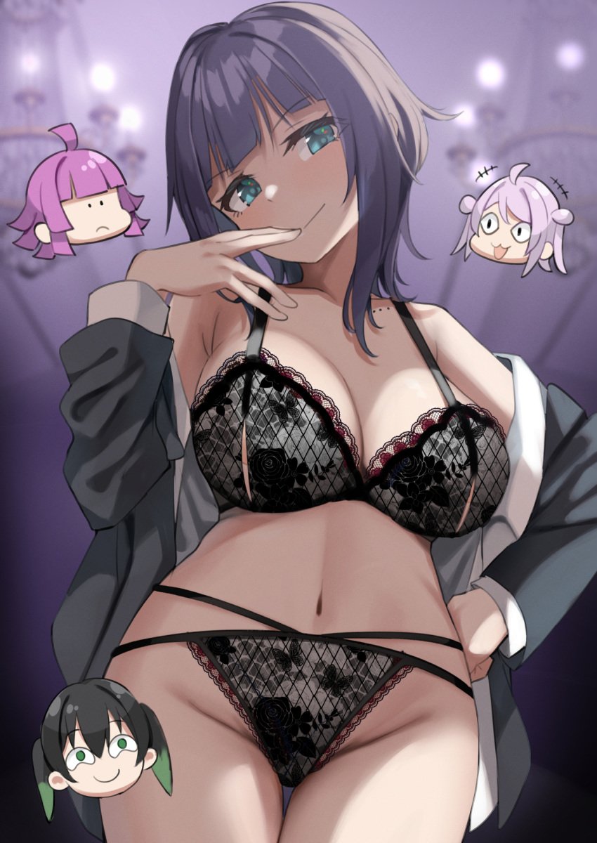 4girls ahoge asaka_karin black_bra black_panties blue_eyes bra breasts chibi clothing confident female groin hand_on_hip hand_on_mouth head_tilt large_breasts legs_together lingerie love_live! love_live!_nijigasaki_high_school_idol_club matching_underwear mole mole_on_collarbone multiple_girls navel nipple_peek nipples open_shirt panties sasanon_(sasapoliton) shirt_lift slit smile takasaki_yuu tennouji_rina underwear wide_hips zhong_lanzhu