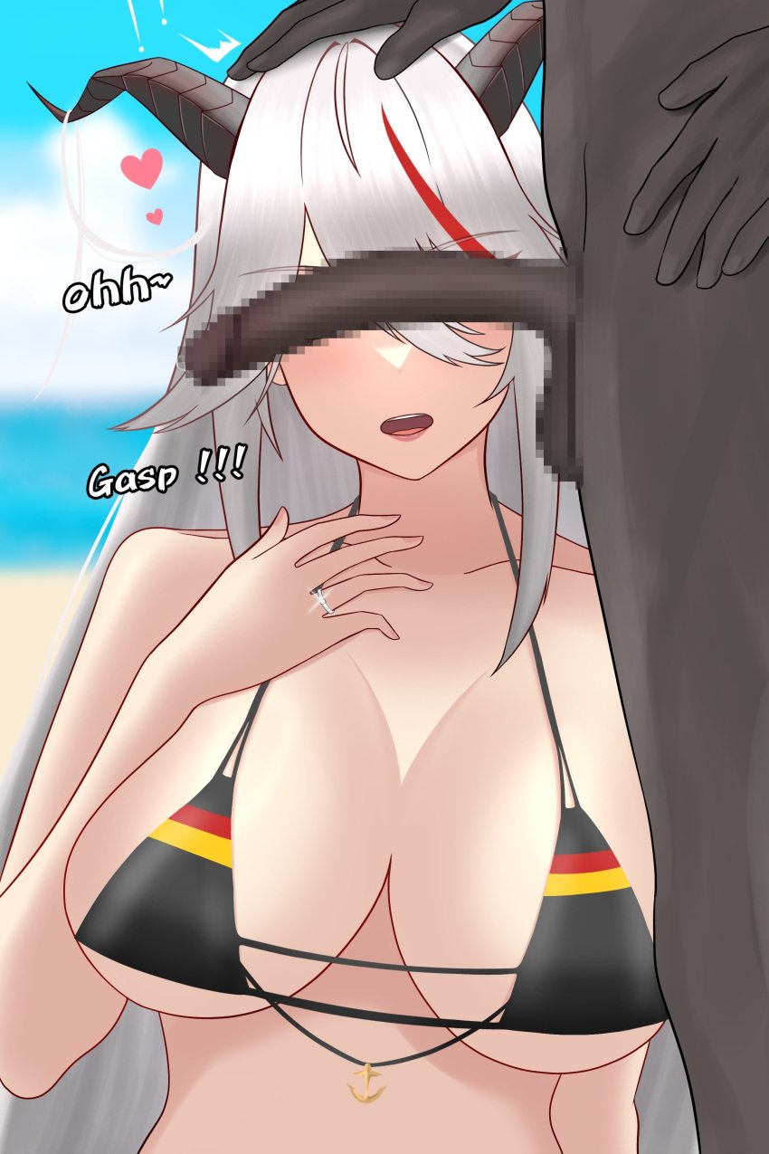 1boy 1girls aegir_(azur_lane) azur_lane big_penis big_penis_adoration bikini_top breasts cant_see_the_haters censored cheating cheating_(relationship) cheating_wife cuckold_pov cuckolding dark-skinned_male dark_skin english_text eyebrows_visible_through_hair heart horns huge_breasts iron_blood_(azur_lane) light-skinned_female light_skin looking_at_penis mosaic_censoring no_nut_november penis_awe prinz_eugen_(unfading_smile)_(azur_lane)_(cosplay) red_hair ring shiratsumi_(shiratsumi69) swimsuit talking_to_cuckold talking_to_viewer text two_tone_hair wedding_ring white_hair