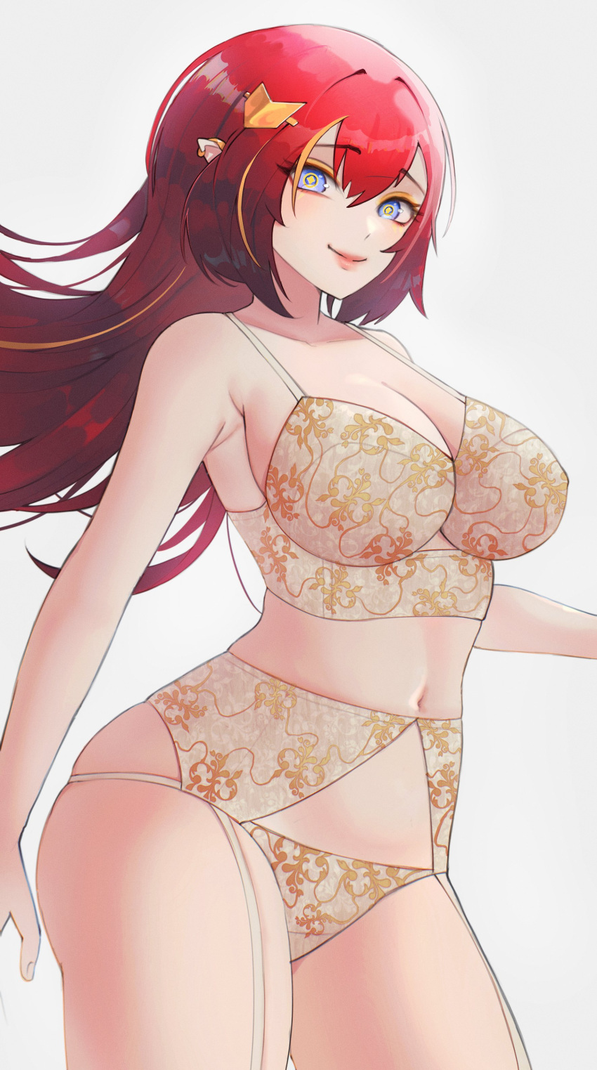 1girls adventurequest_worlds aqw aqworlds armpits artix_entertainment blue_eyes female large_breasts light-skinned_female lingerie long_hair looking_at_viewer lovertee red_eyes red_hair side_view smile solo standing taini_flaremist