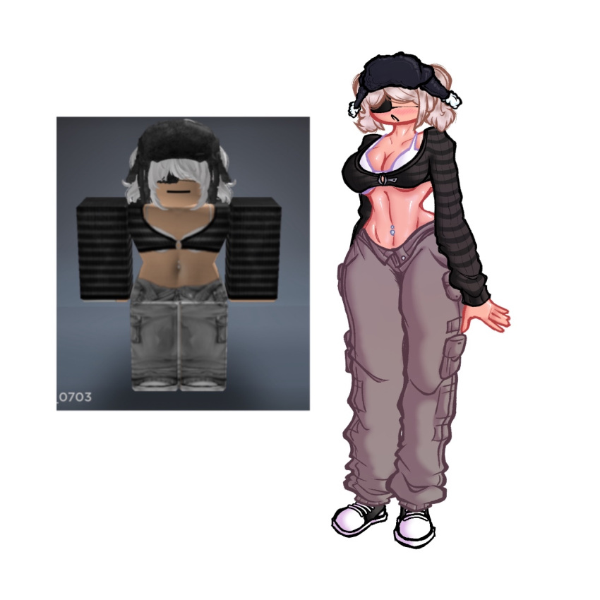 1girls blush breasts cargo_pants cleavage clothed clothing midriff reference_image roblox roblox_avatar robloxian self_upload shiny_skin tagme wormbucket