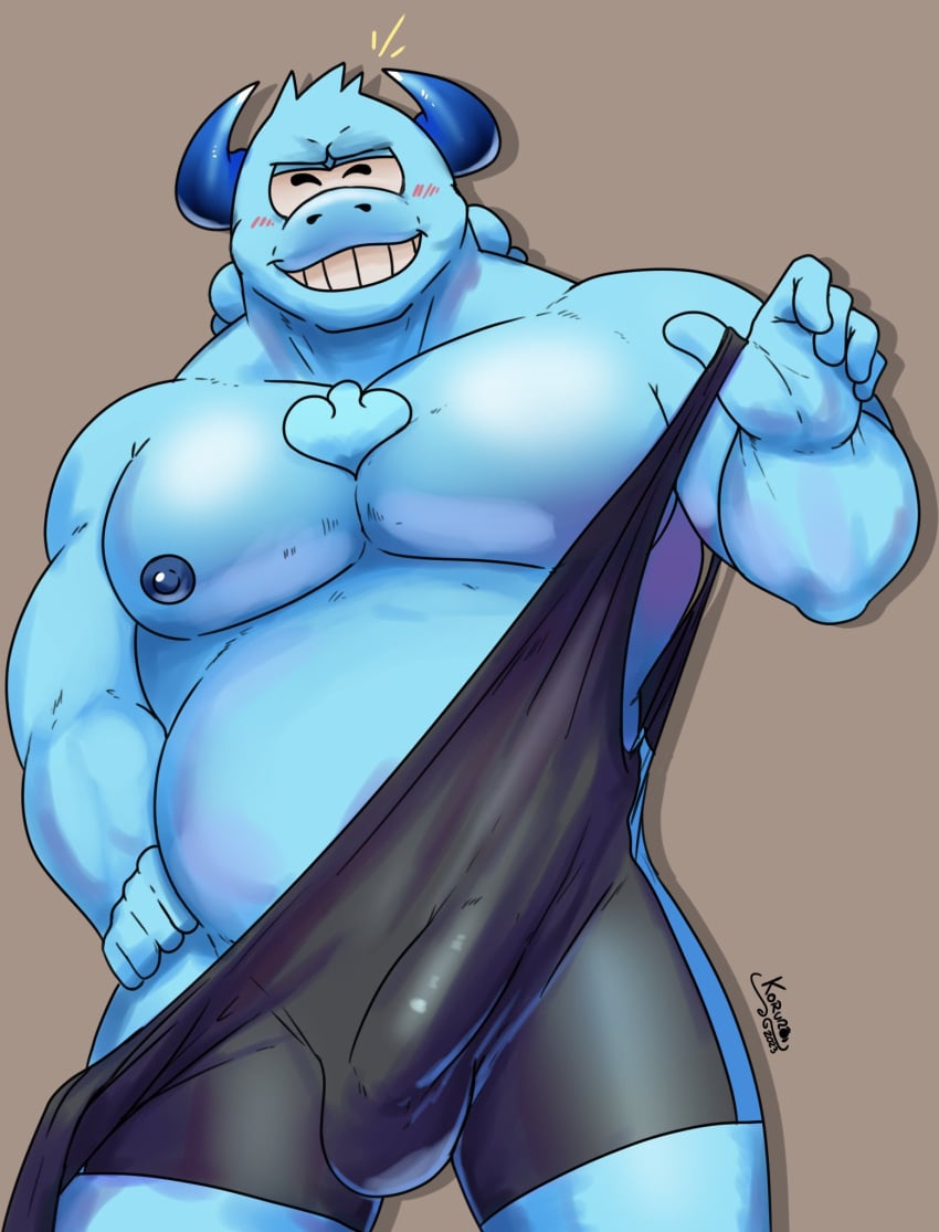 1boy 2_horns anthro balls_outline black_clothing blue_body blue_horn bulge bulrush_(mario) clothed clothing erection erection_under_clothing genital_outline hi_res horn koruro male male_only mario_(series) musclegut nintendo nipples pecs penis_outline simple_background solo super_mario_bros._wonder