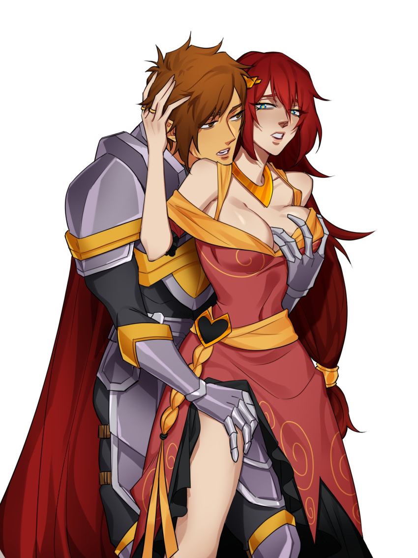 1boy 1girls adventurequest_worlds aqw aqworlds armor artist_request artix_entertainment artix_von_krieger big_breasts blue_eyes blush breast_grab brown_eyes brown_hair cape cleavage eye_contact groping_from_behind light-skinned_female long_hair male_human/female_elf no_bra paladin red_hair taini_flaremist very_long_hair white_background