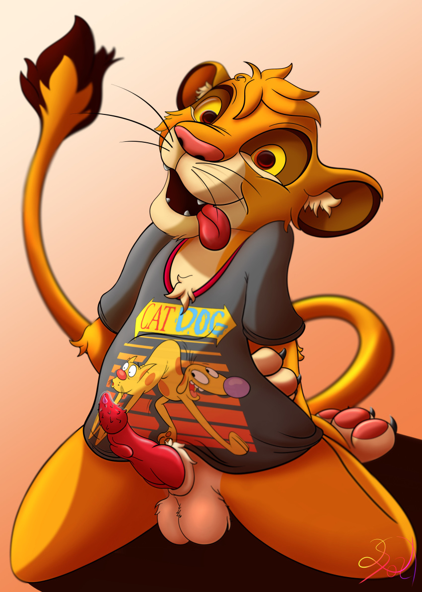 anthro bottomless catdog catdog_(series) cub disney feline feline_penis furry lobofeo male male_only open_mouth penis simba testicles the_lion_king tongue_out whiskers yellow_sclera